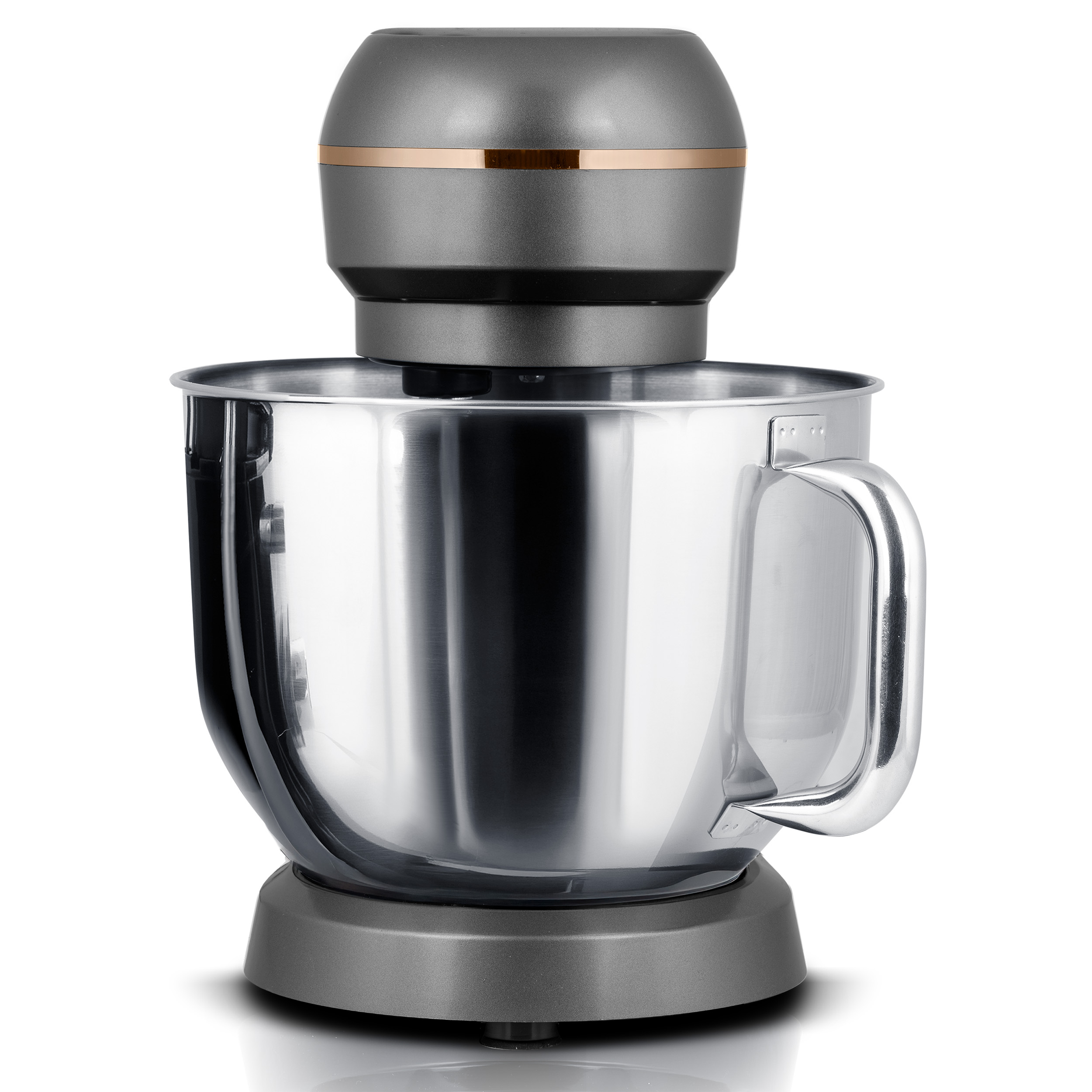 Szary mikser stojący z misą ze stali nierdzewnej. Mikser ma szarą podstawę i szarą górę z miedzianym akcentem.