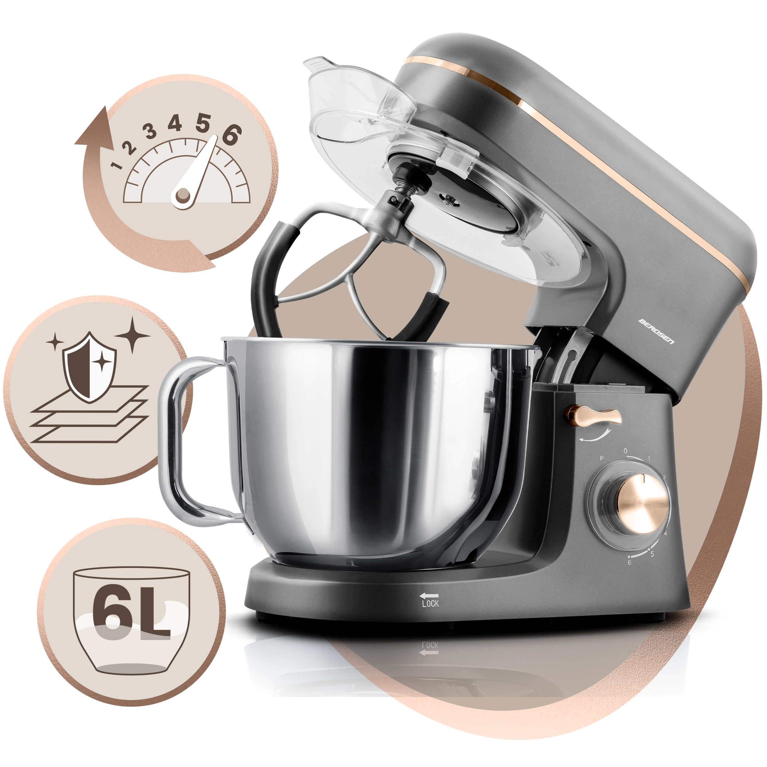 Szara mikser stojący ze złotymi akcentami, misą ze stali nierdzewnej i przezroczystą plastikową osłoną. Zawiera ustawienia prędkości i pojemność.