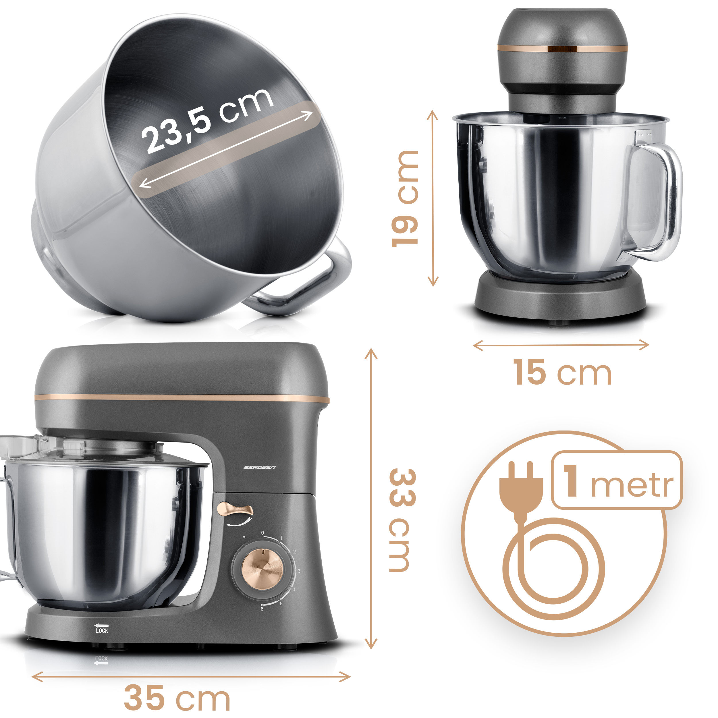Szara mikser kuchenny Berdsen ze stalową misą, podano wymiary. Pokazany jest również przewód zasilający o długości 1 metra.