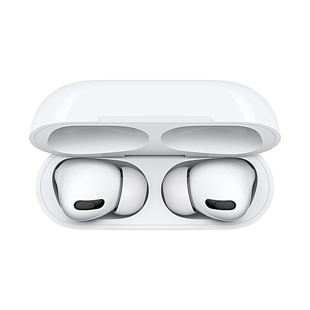 Białe AirPods Pro w otwartym etui ładującym. Etui i AirPods są białe. AirPods są wewnątrz, gotowe do użycia.