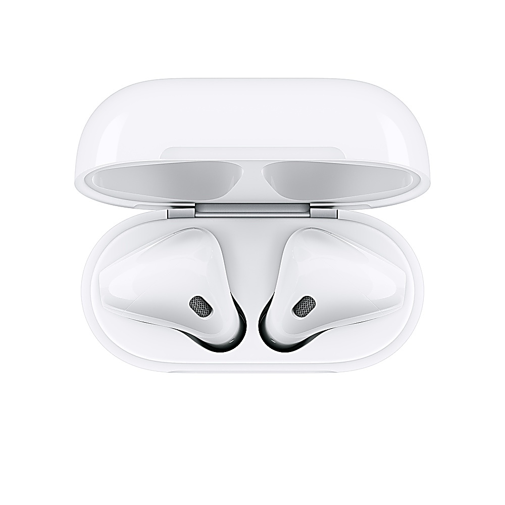 Weiße AirPods in einem geöffneten Ladekoffer. Der Koffer ist geöffnet und gibt die Ohrhörer frei. Alles auf weißem Hintergrund.
