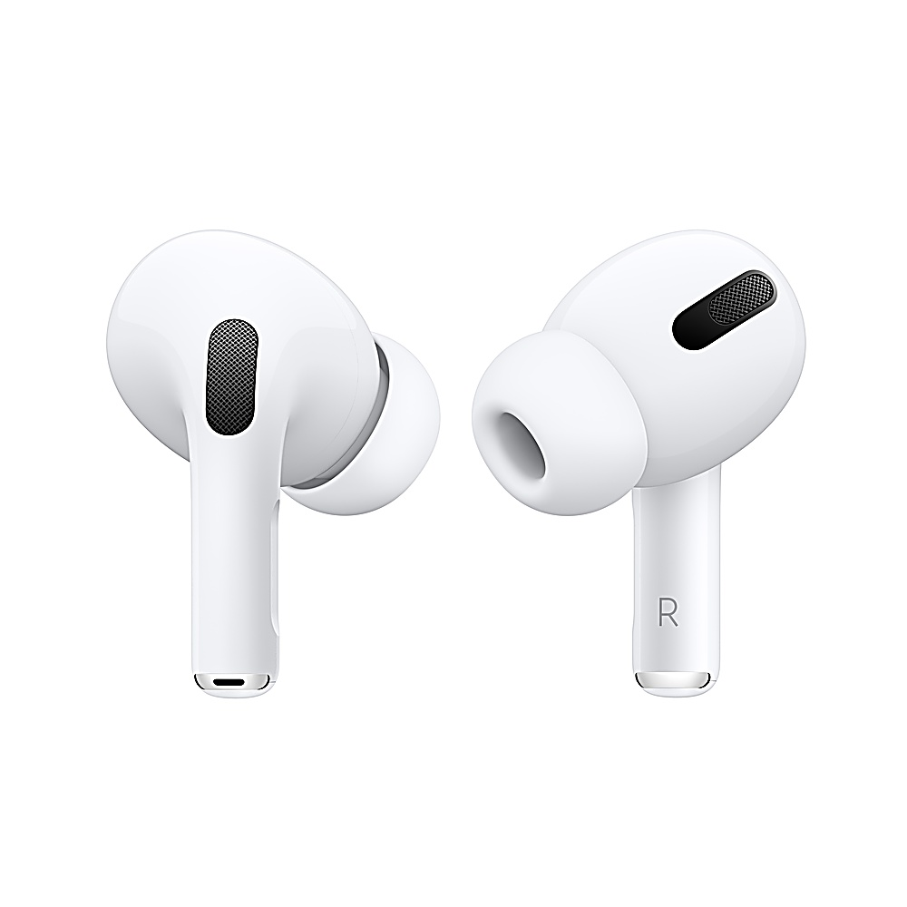 Twee witte Apple AirPods Pro oordopjes op een witte achtergrond. Eén toont 'R' en de andere heeft een mesh. Beide hebben een steel.