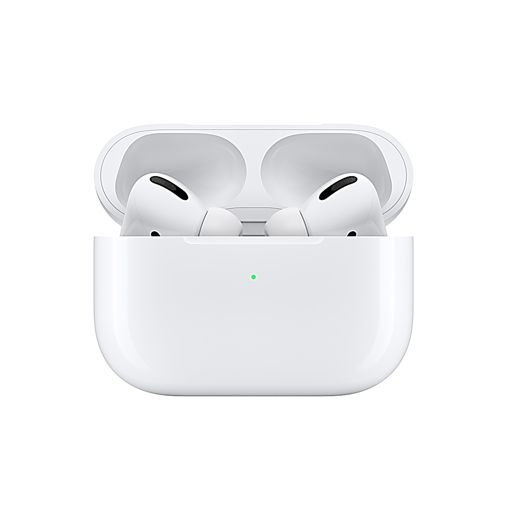 Witte AirPods Pro-case open met twee witte oortelefoons erin, een groen lampje op de case.