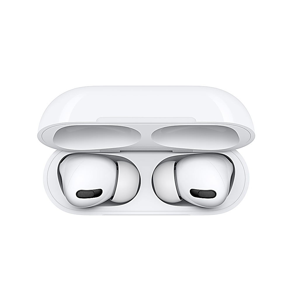 Witte AirPods Pro in een open oplaadcase, bovenaanzicht. De case is wit en ovaal. Elke AirPod is wit met een zwart gaas.
