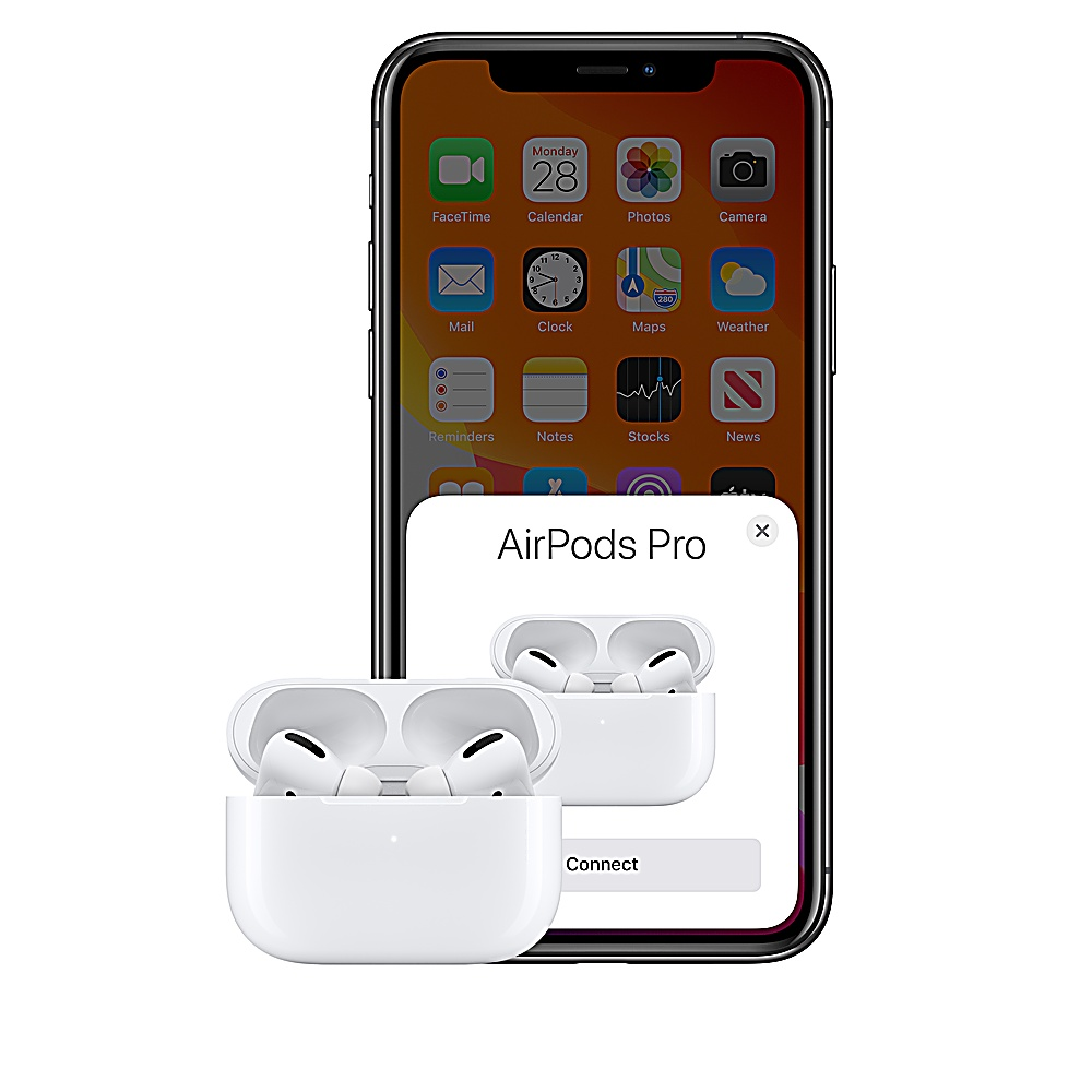 Een iPhone met AirPods Pro. De telefoon toont het koppelingsscherm voor de AirPods. De AirPods en hun hoesje zijn zichtbaar.