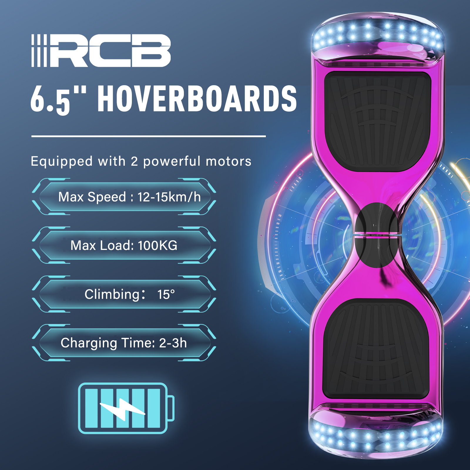 Ein pinkfarbenes Hoverboard wird gezeigt. Es hat Lichter und Informationen zu Höchstgeschwindigkeit, Belastung, Steigungswinkel und Ladezeit.