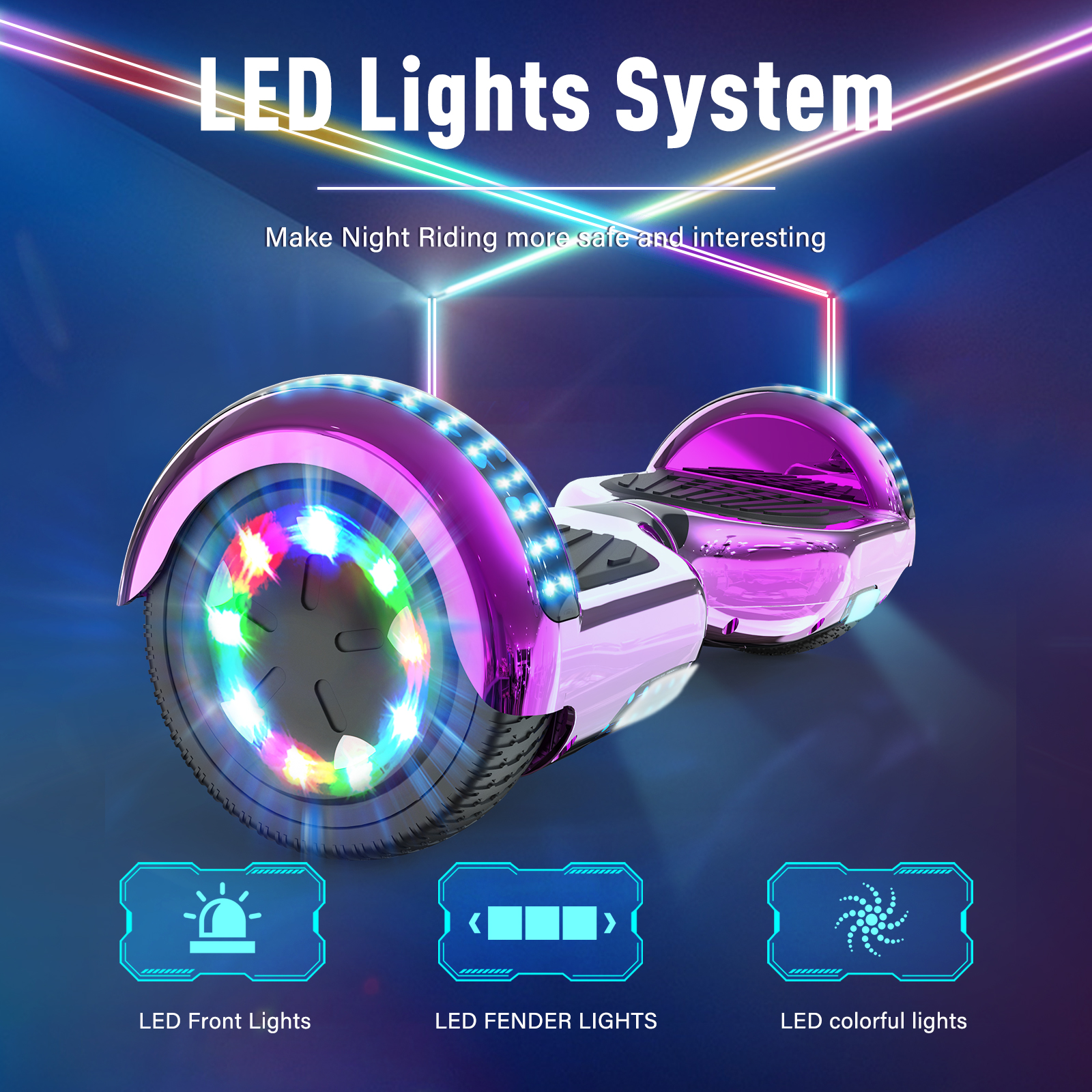 Ein lila Hoverboard mit LED-Leuchten. Text: 'LED Lights System' und 'Make Night Riding more safe'.