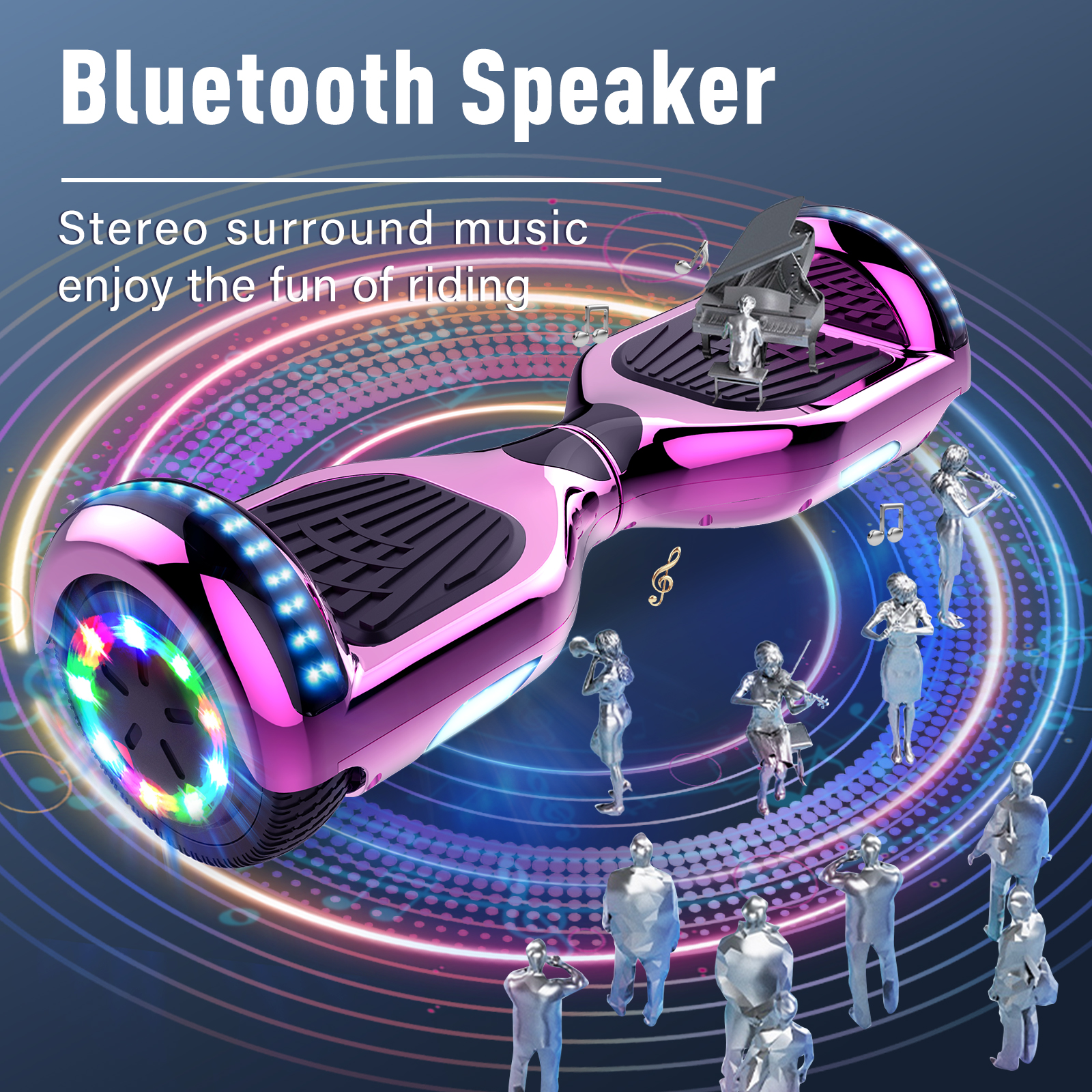 Rosa Hoverboard mit Lautsprechern, Noten und silbernen Figuren. Bunte Lichter an den Rädern. Text sagt Bluetooth-Lautsprecher.
