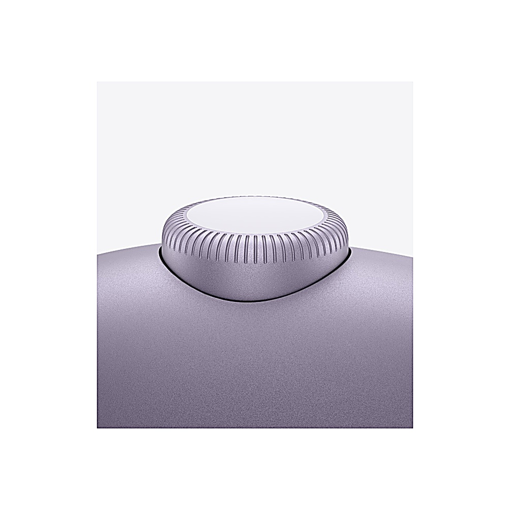 Nahaufnahme eines silber-violetten Geräts. Der obere Teil hat einen weißen Kreis, umgeben von geripptem Silber. Die Basis hat eine glatte Silberoberfläche.