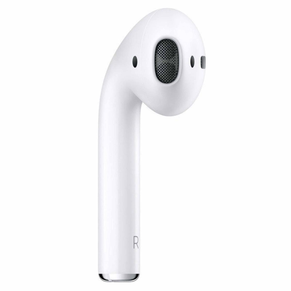 Un AirPod bianco Apple, visto da vicino su sfondo bianco. Ha una testa arrotondata con una rete nera e un lungo stelo.