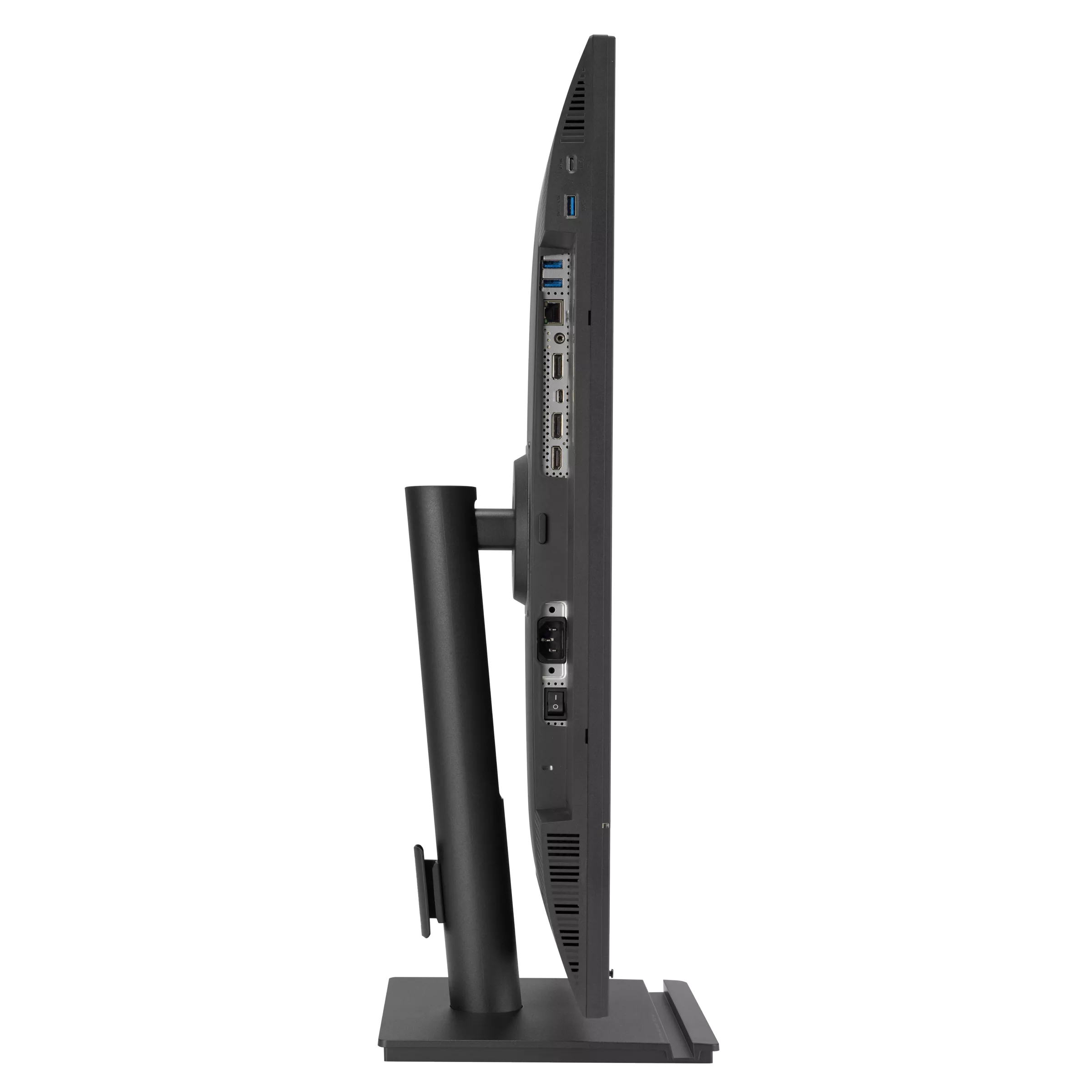 A side view of a black computer monitor. It has ports, power and a stand. The background is white.
