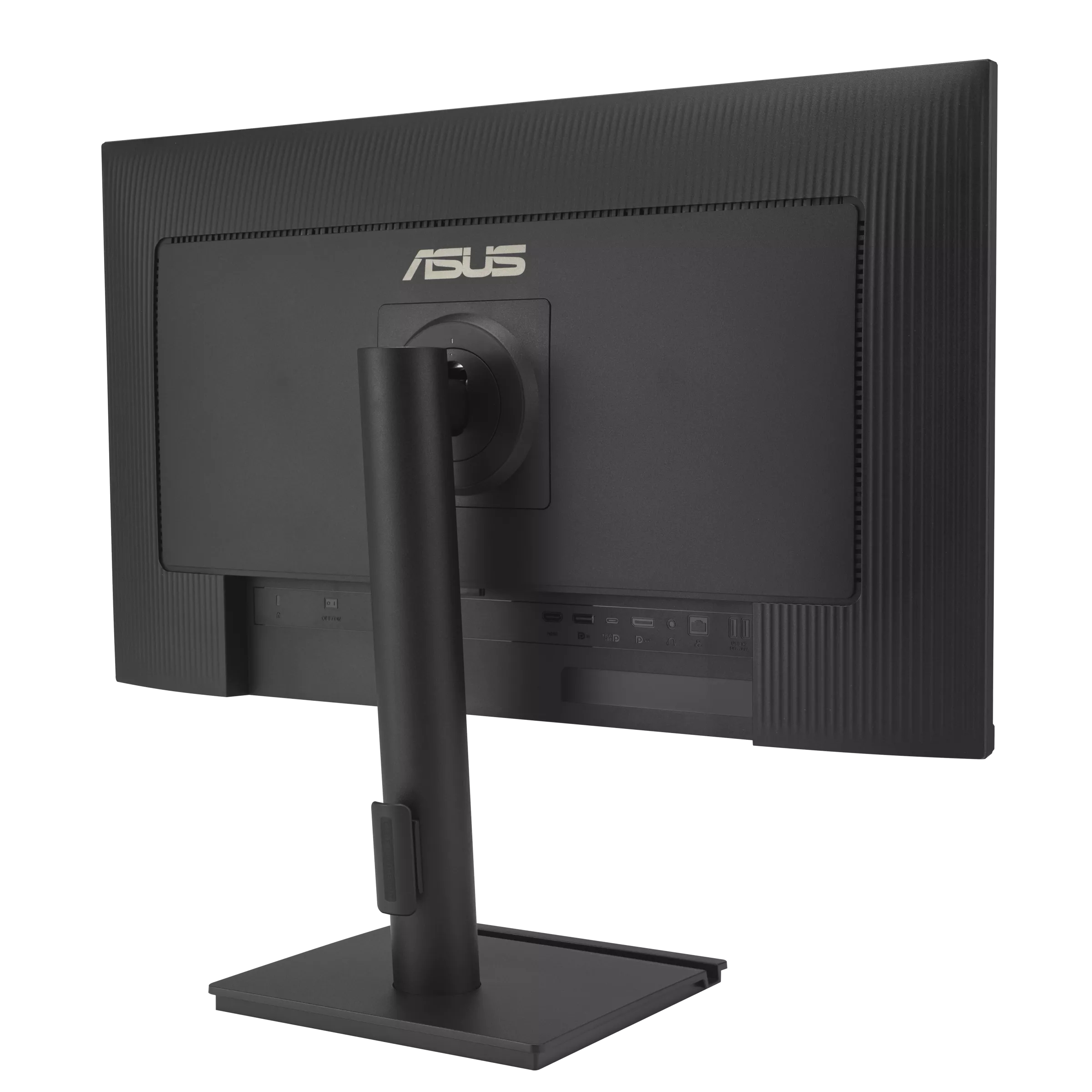 Back view of a black computer monitor. The ASUS logo is visible. The stand and ports are also visible.