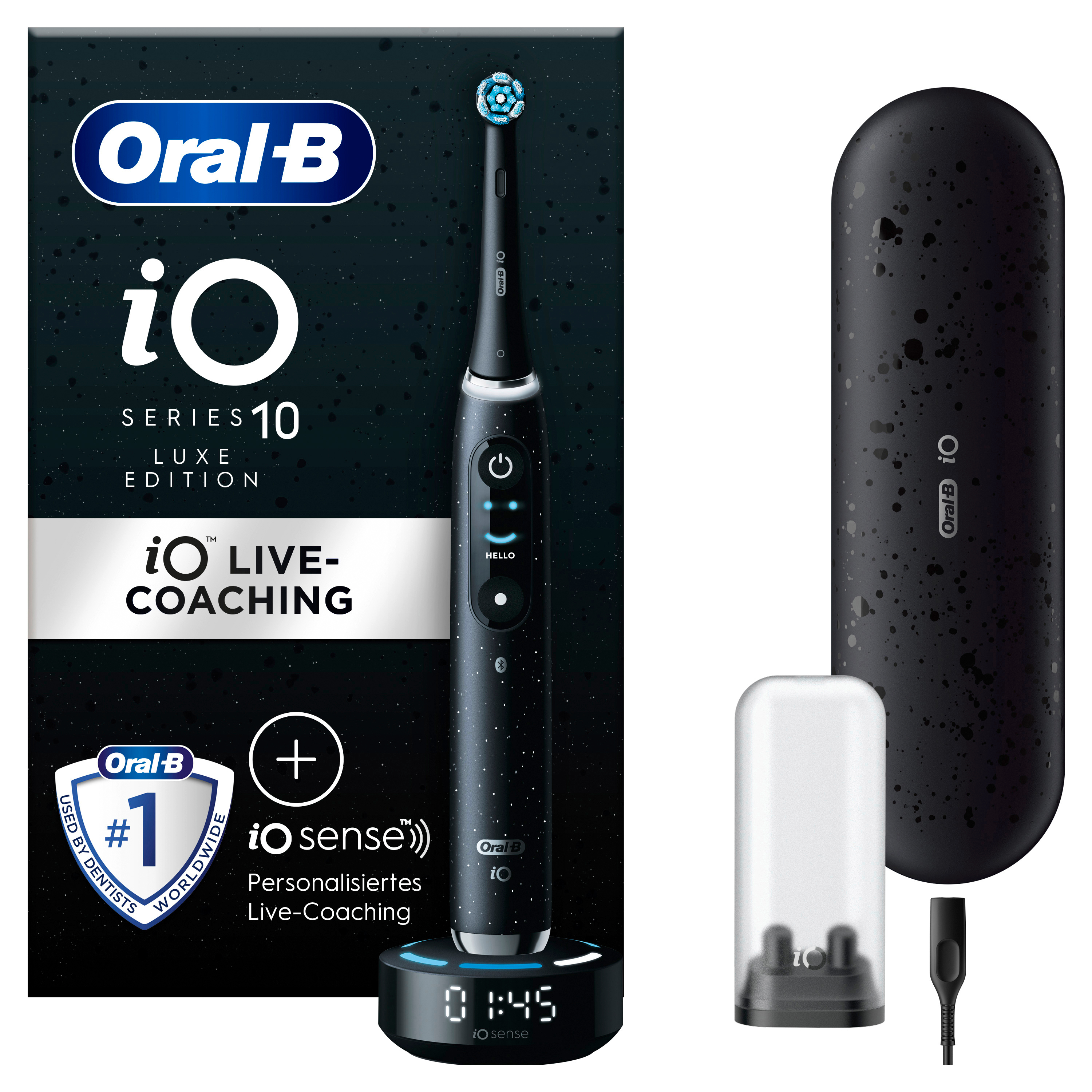 Eine schwarze elektrische Zahnbürste Oral-B iO Series 10 mit Ladestation, Reiseetui und zusätzlichen Bürstenköpfen.