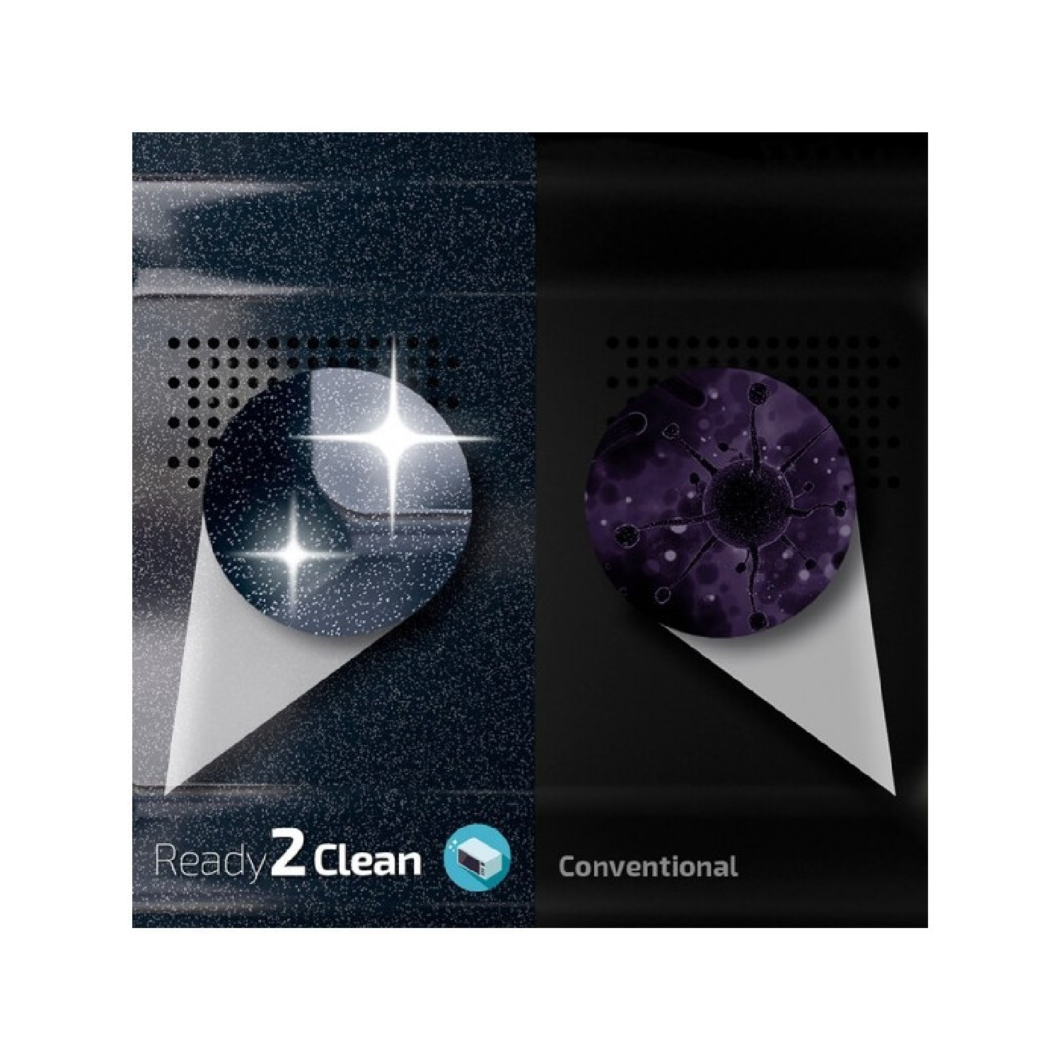 Obrazek pokazuje porównanie piekarnika Ready 2 Clean. Lewa strona jest czysta, prawa konwencjonalna. Ready 2 Clean ma efekt połysku.