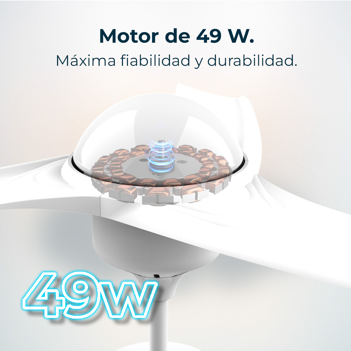 Biały wentylator sufitowy z silnikiem 49W. Wewnętrzne komponenty silnika są widoczne. Tekst: 'Maksymalna niezawodność i trwałość'.