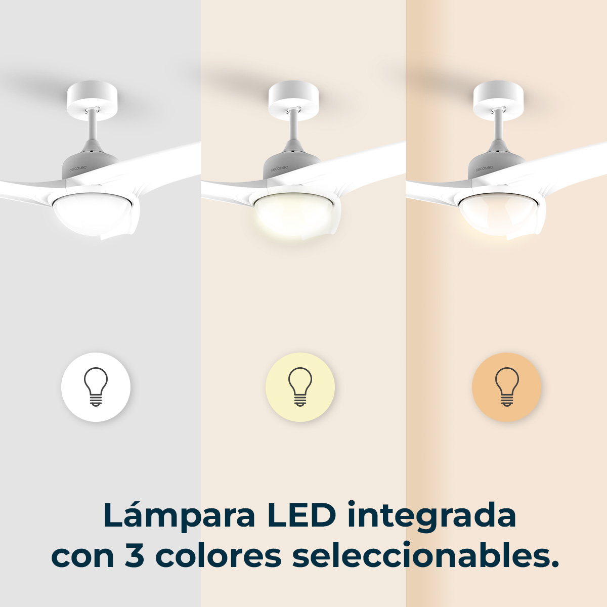 Trzy wentylatory sufitowe z zintegrowanym oświetleniem LED, każdy z innym kolorem światła. Tekst mówi 'Lampa LED z 3 kolorami'.