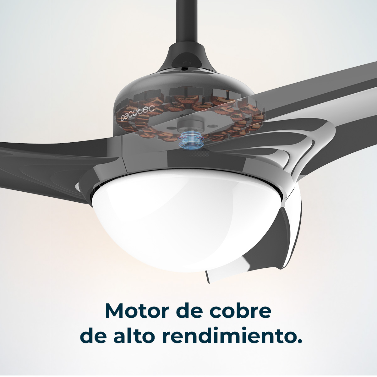Wentylator sufitowy z czarnymi łopatkami i białym światłem. Silnik jest widoczny, tekst brzmi: wysokowydajny silnik miedziany.