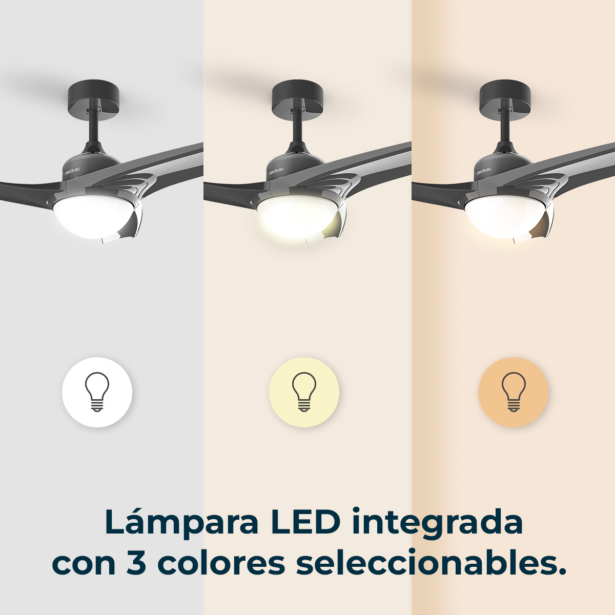 Obraz przedstawia wentylator sufitowy ze zintegrowanym światłem LED, wybierany w 3 kolorach. Wentylator jest szary, a światło włączone.