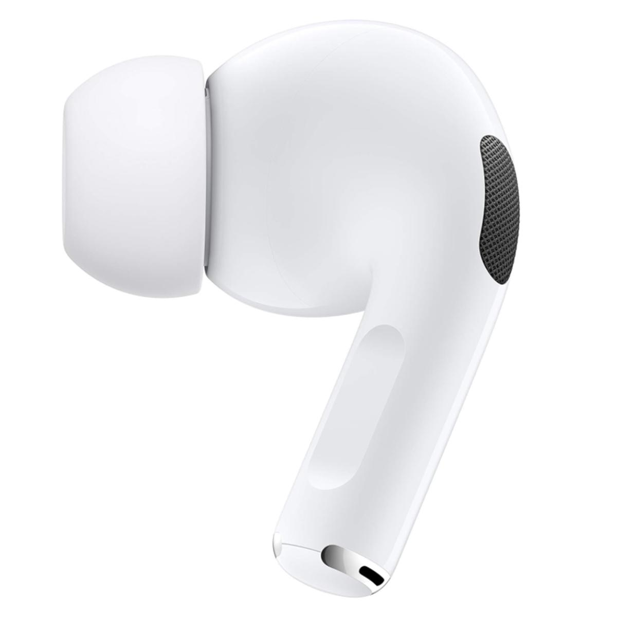 Un auricolare bianco Apple AirPod Pro, con un'area a rete nera e un puntale bianco. L'auricolare è su sfondo bianco.