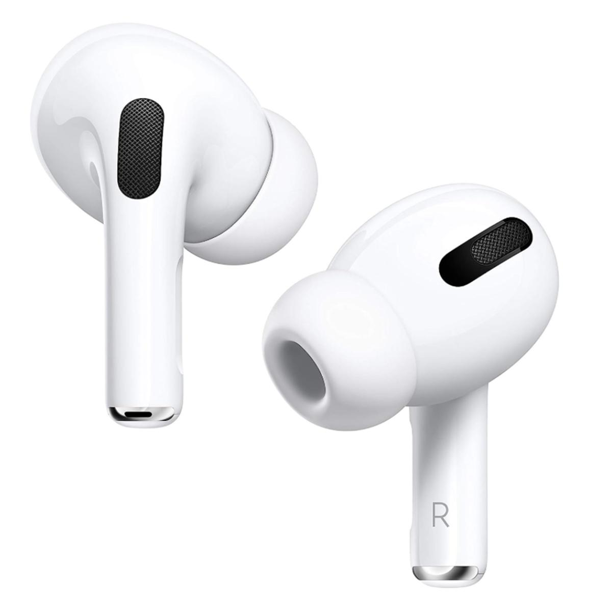 Due auricolari wireless bianchi, uno con una "R" sullo stelo. Ogni auricolare ha un'area a rete nera.