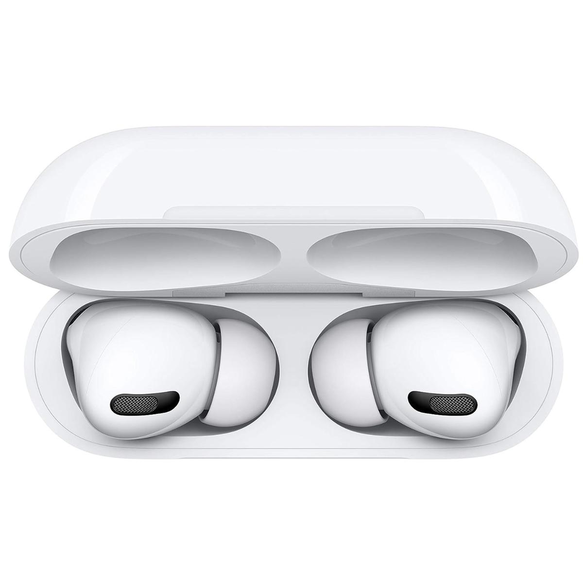 Auricolari AirPods Pro bianchi in una custodia di ricarica aperta. La custodia e gli auricolari sono bianchi, con rete nera sugli auricolari.