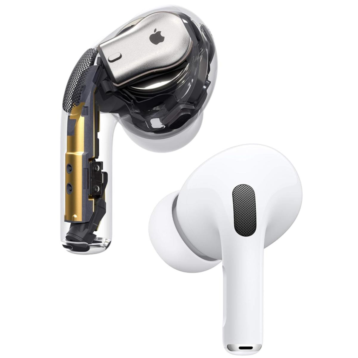 Due AirPods bianche Apple. Uno mostra i componenti interni. L'altro è intero. Entrambi hanno il design iconico.
