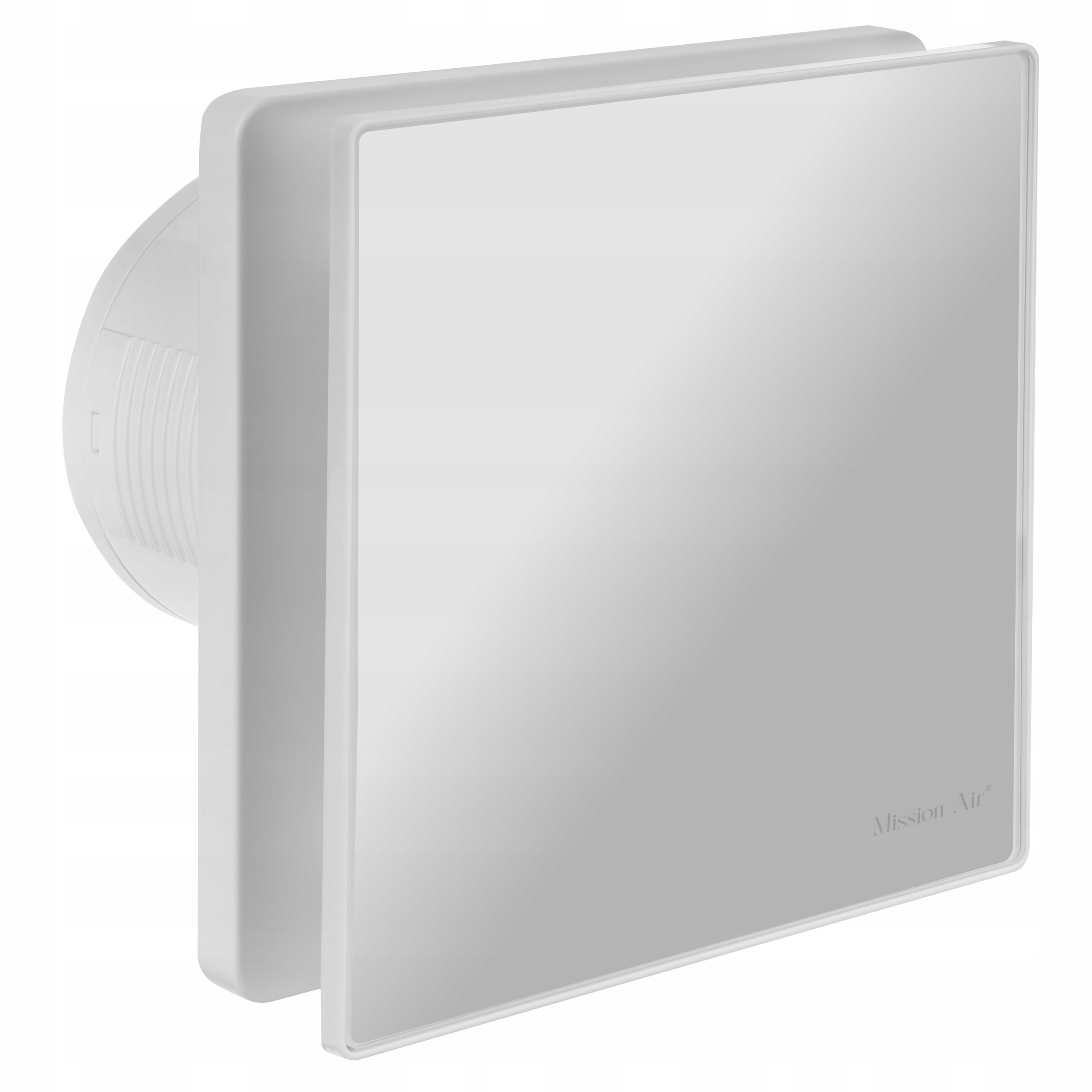 Biała jednostka wentylacyjna Mission Air, kwadratowa, z zaokrąglonym tyłem. Tło białe.
