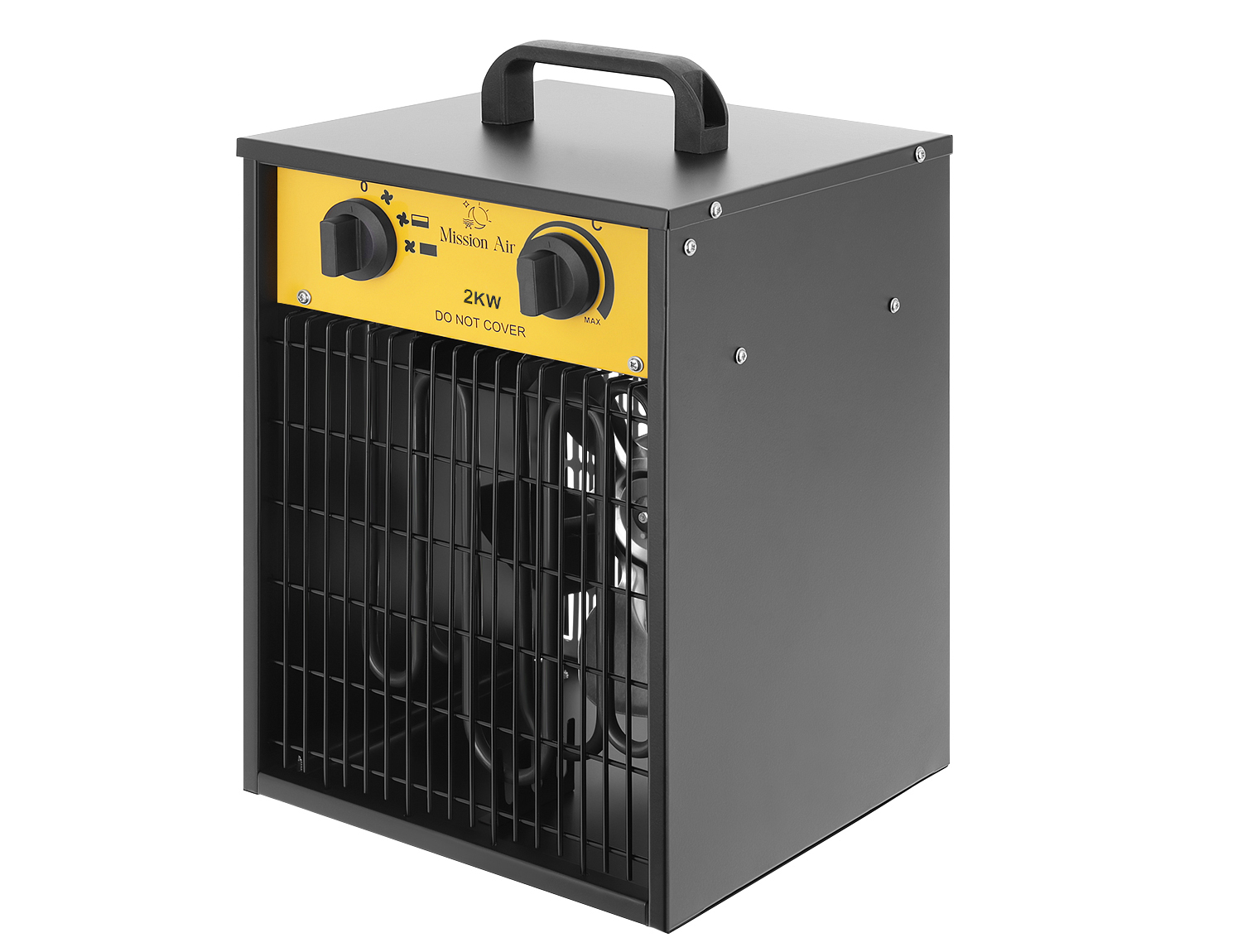 Czarny i żółty grzejnik Mission Air 2KW. Posiada uchwyt, pokrętła i przedni grill.