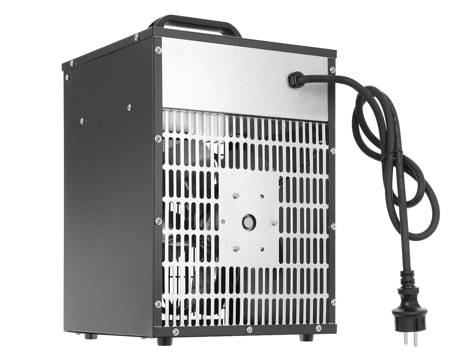 Czarny i srebrny grzejnik z czarnym uchwytem i czarnym przewodem zasilającym na białym tle.