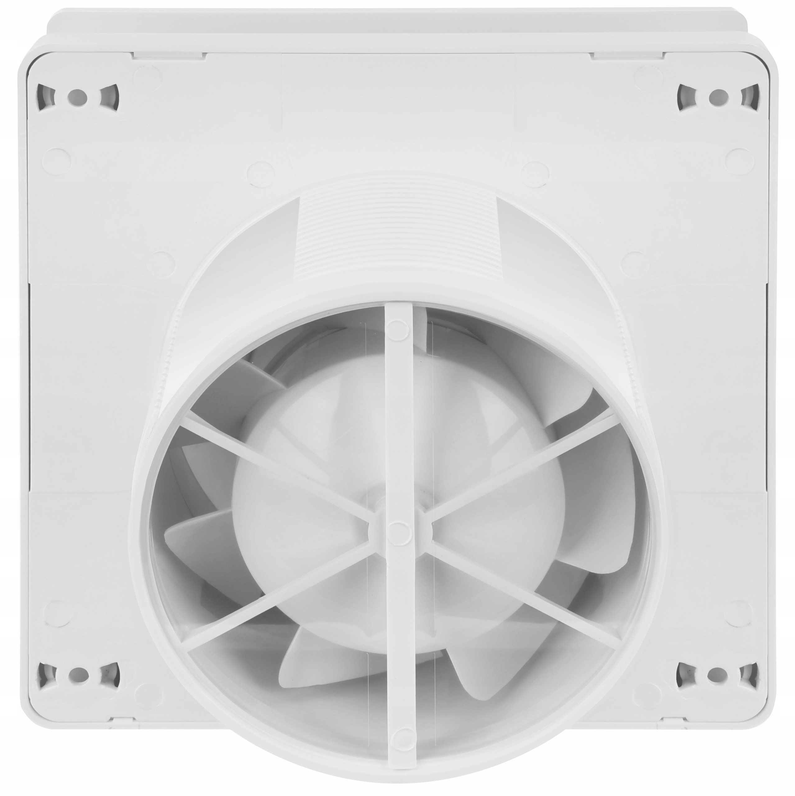 Biały wentylator z okrągłym wirnikiem i kwadratową ramą.