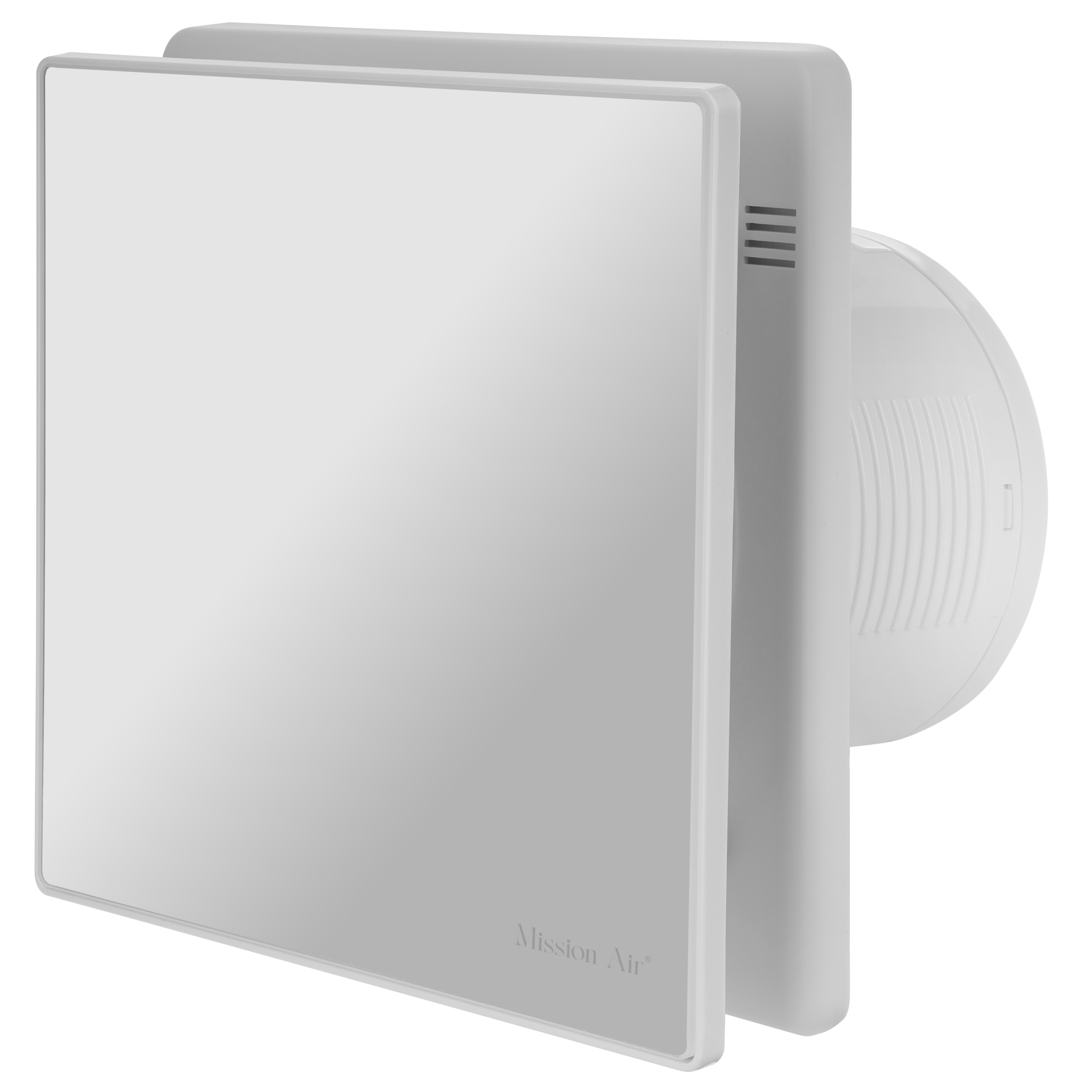Biała jednostka wentylacyjna Mission Air, kwadratowa, z okrągłym wylotem po prawej stronie.