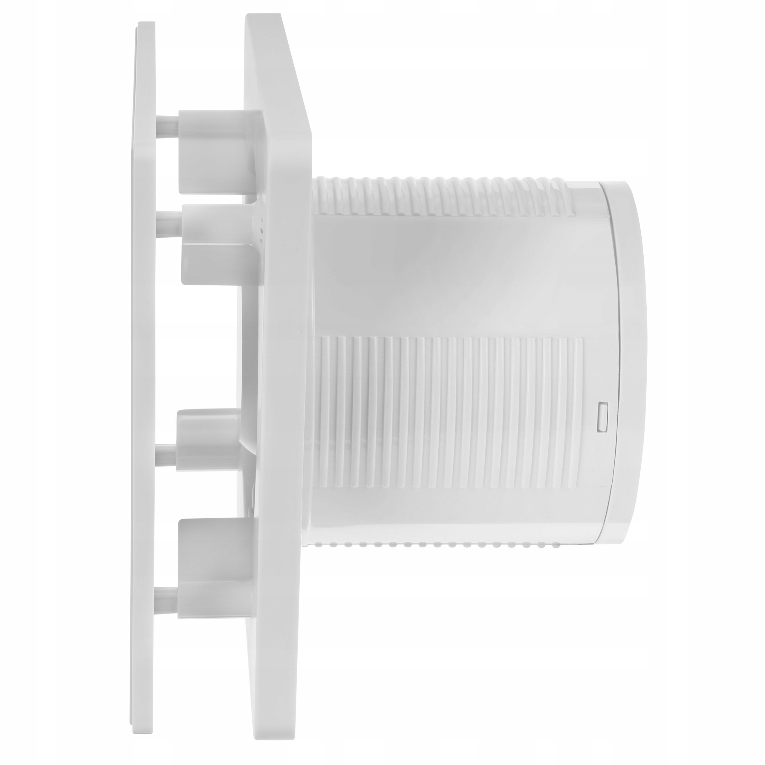 Białe, cylindryczne urządzenie z kwadratową podstawą, widoczne z boku. Posiada pionowe linie i mały otwór.