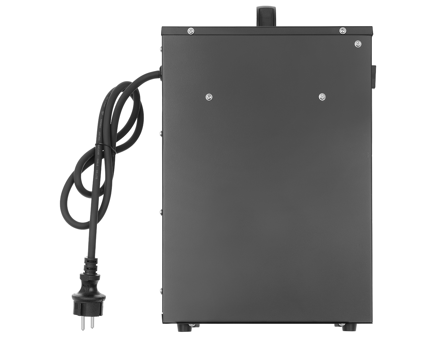 Ciemnoszare prostokątne urządzenie elektryczne z czarnym przewodem zasilającym i wtyczką na białym tle.