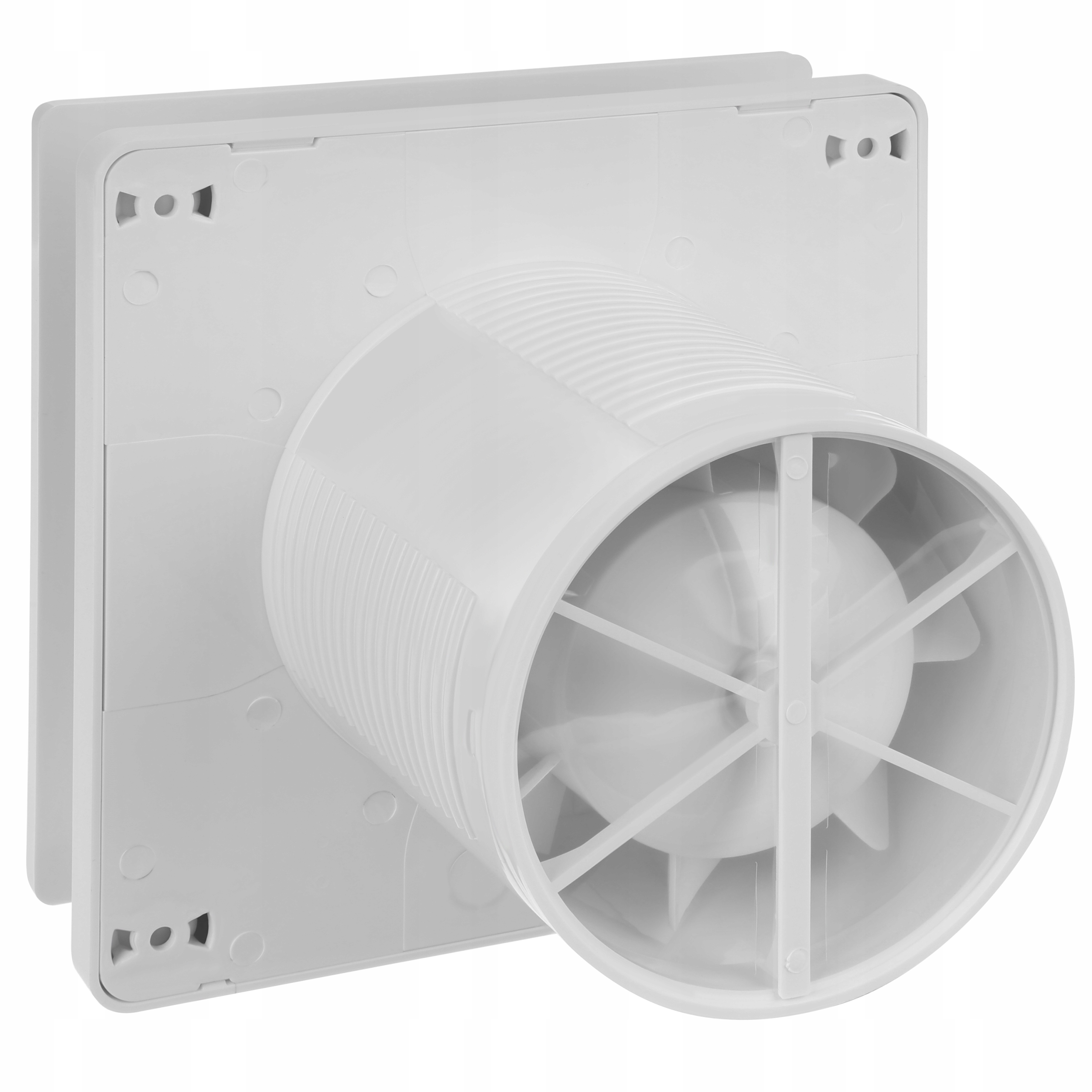Biały wentylator. Ma kwadratową podstawę i cylindryczny wylot z łopatkami w środku.