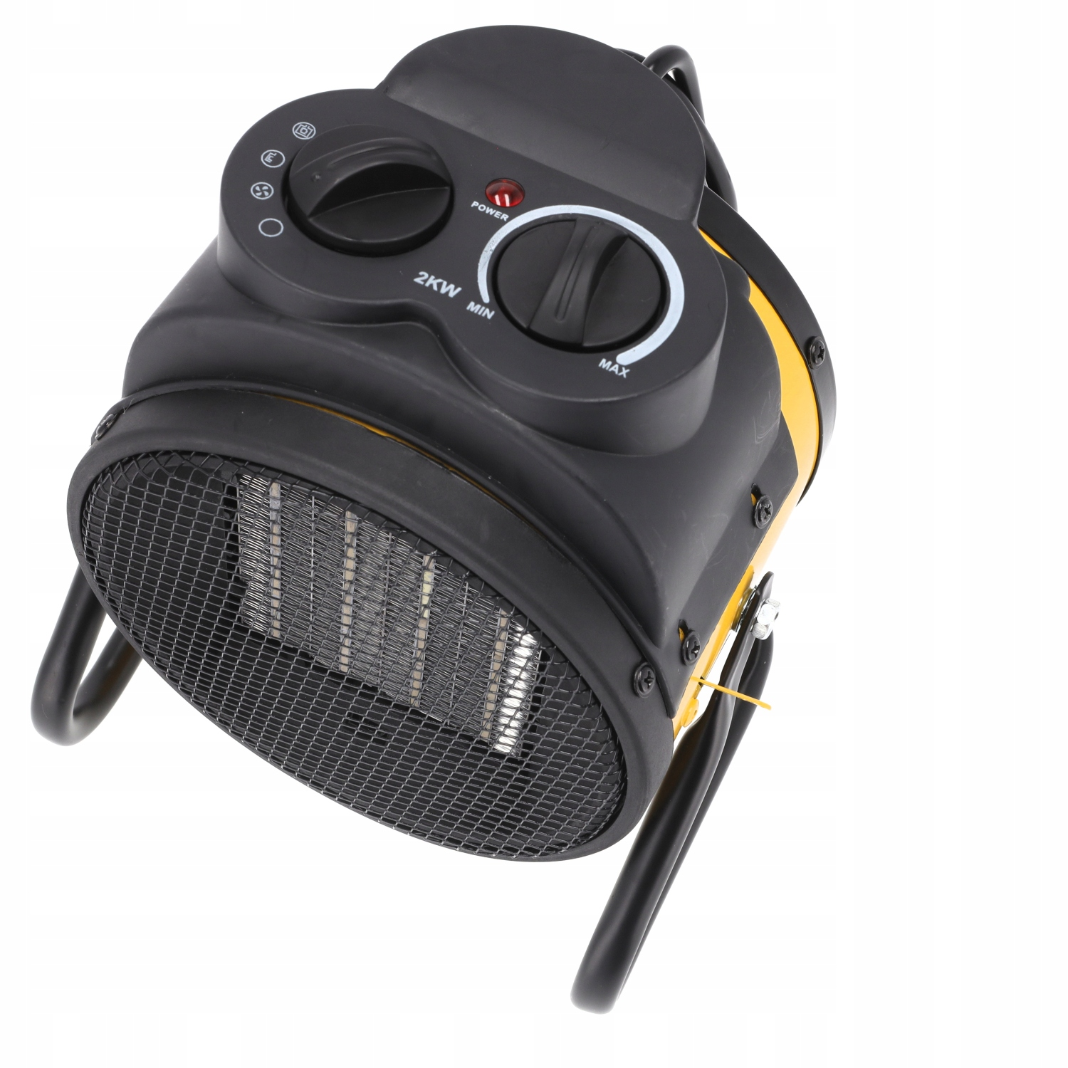 Czarno-żółty grzejnik elektryczny z metalową kratką, pokrętłami i wskaźnikiem zasilania.