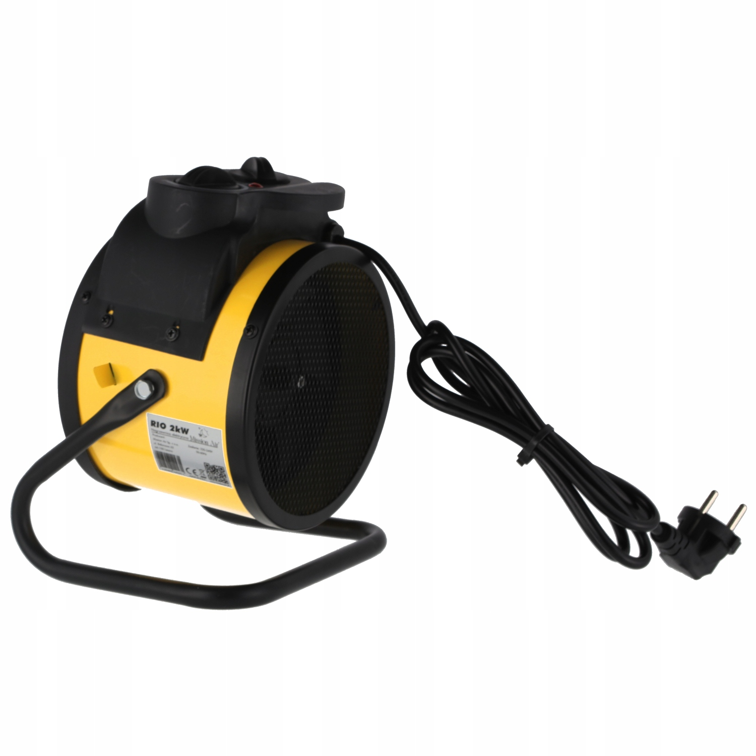Żółto-czarny grzejnik elektryczny z czarnym uchwytem, kablem zasilającym i wtyczką. Tło jest białe.