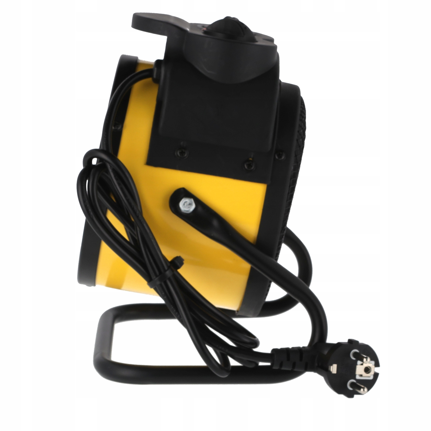 Żółto-czarny grzejnik elektryczny z czarnym przewodem zasilającym i czarnym stojakiem na białym tle.