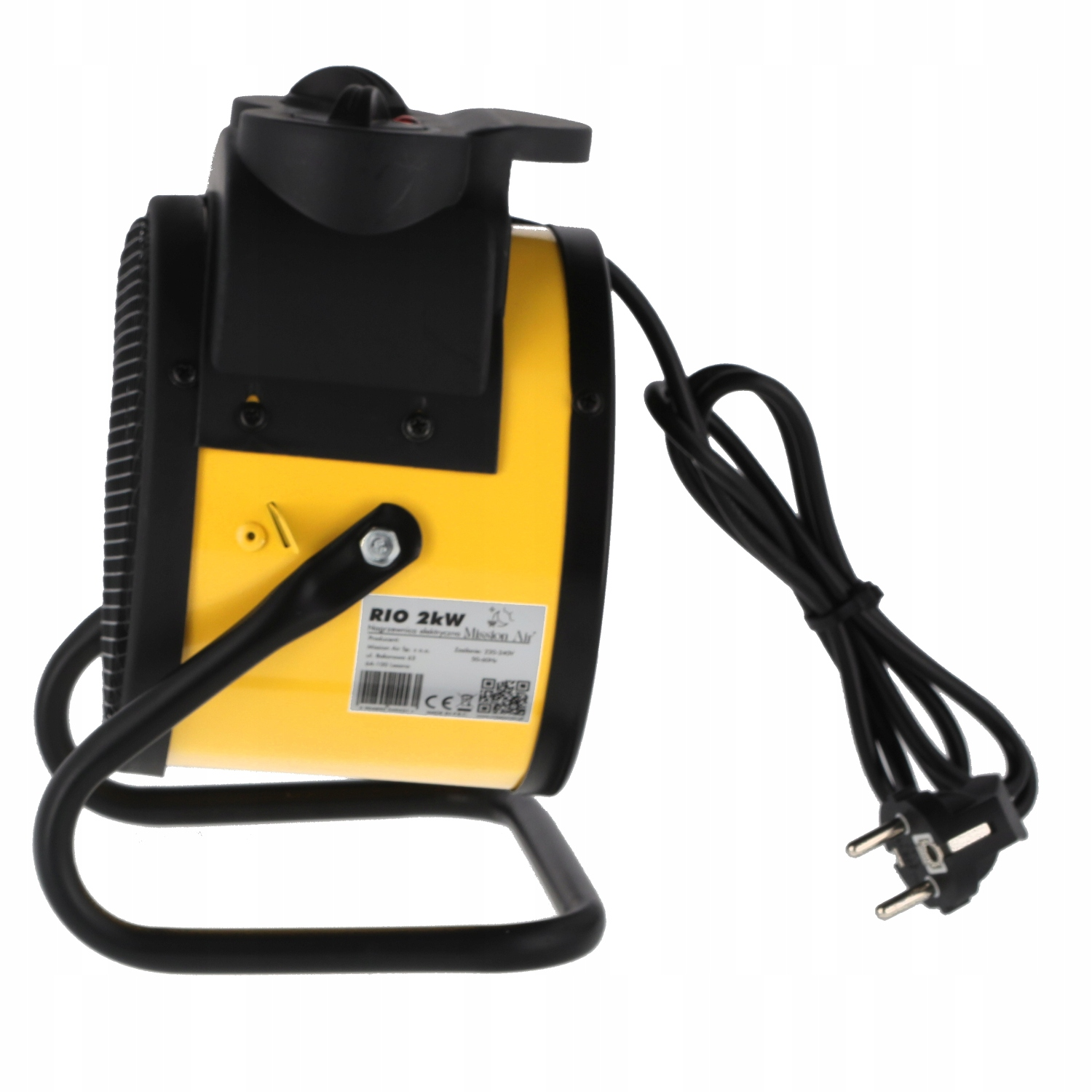 Żółto-czarny grzejnik elektryczny z czarnym przewodem i wtyczką. Ma uchwyt i pokrętło sterowania. Tło jest białe.