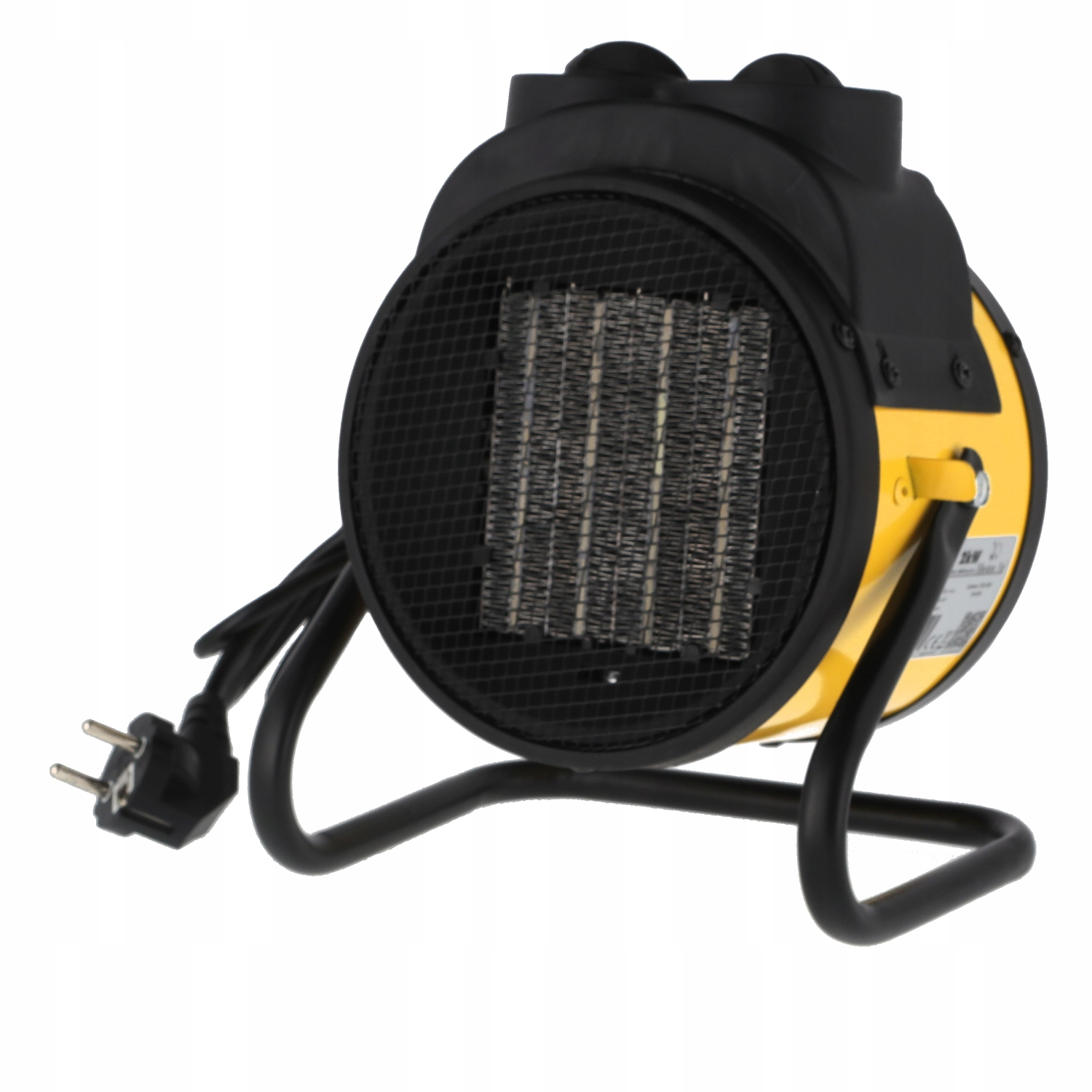 Żółto-czarny grzejnik elektryczny z siatkowym przodem, czarnym uchwytem i wtyczką. Na białym tle.