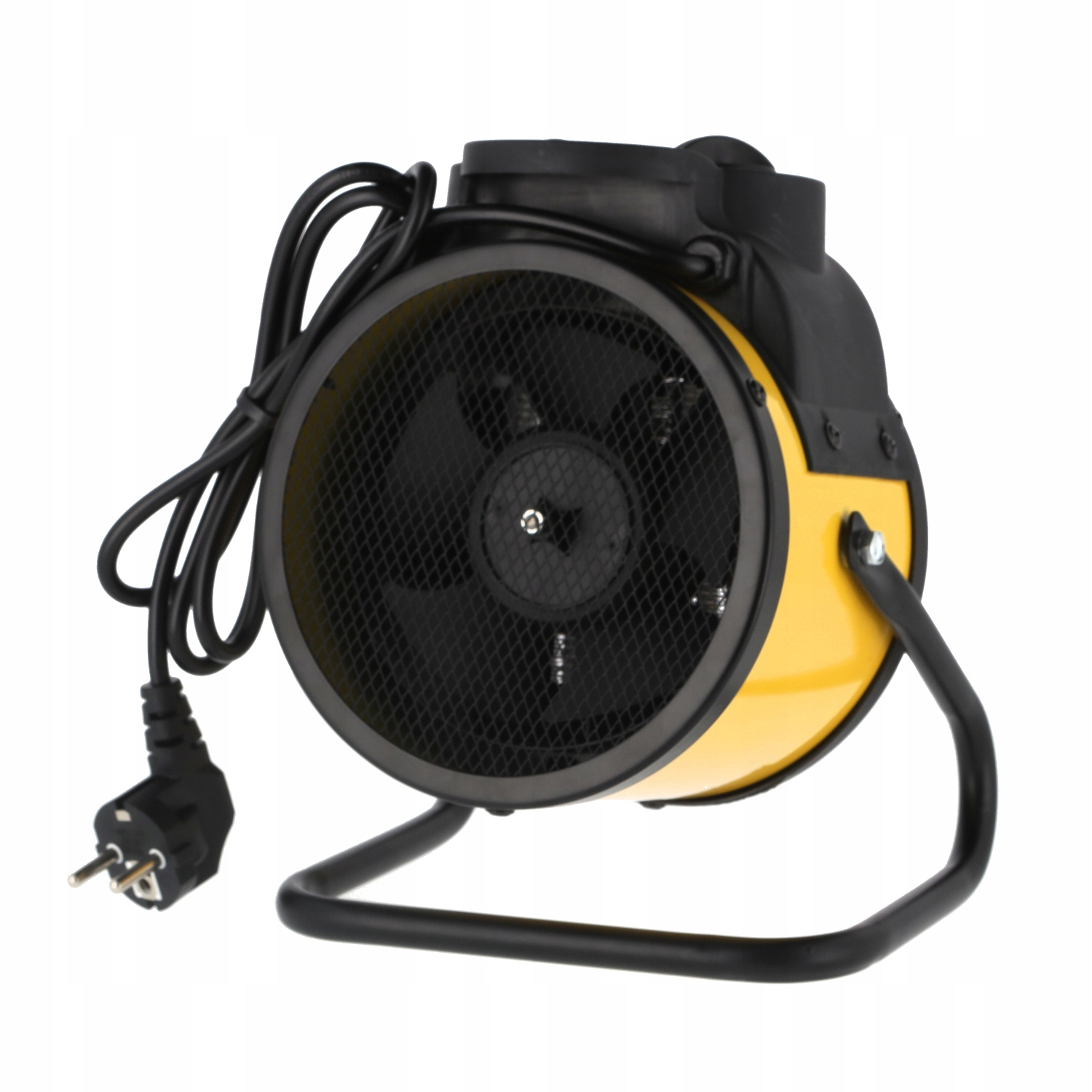 Żółto-czarny grzejnik elektryczny z czarną siatką z przodu, czarnym uchwytem i czarnym przewodem zasilającym z wtyczką.