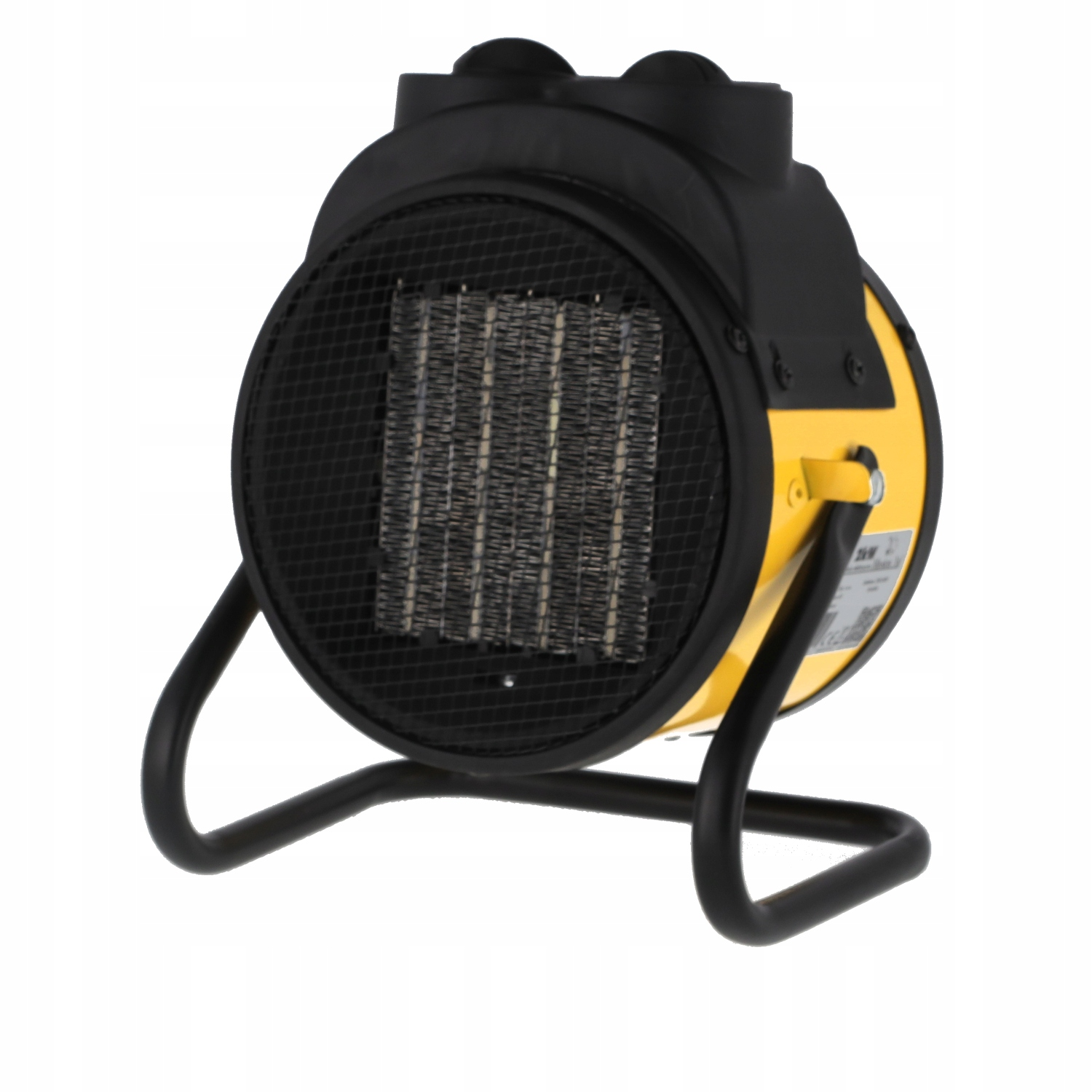 Żółto-czarny grzejnik elektryczny z metalową kratką, stojący na czarnym stojaku. Tło jest białe.