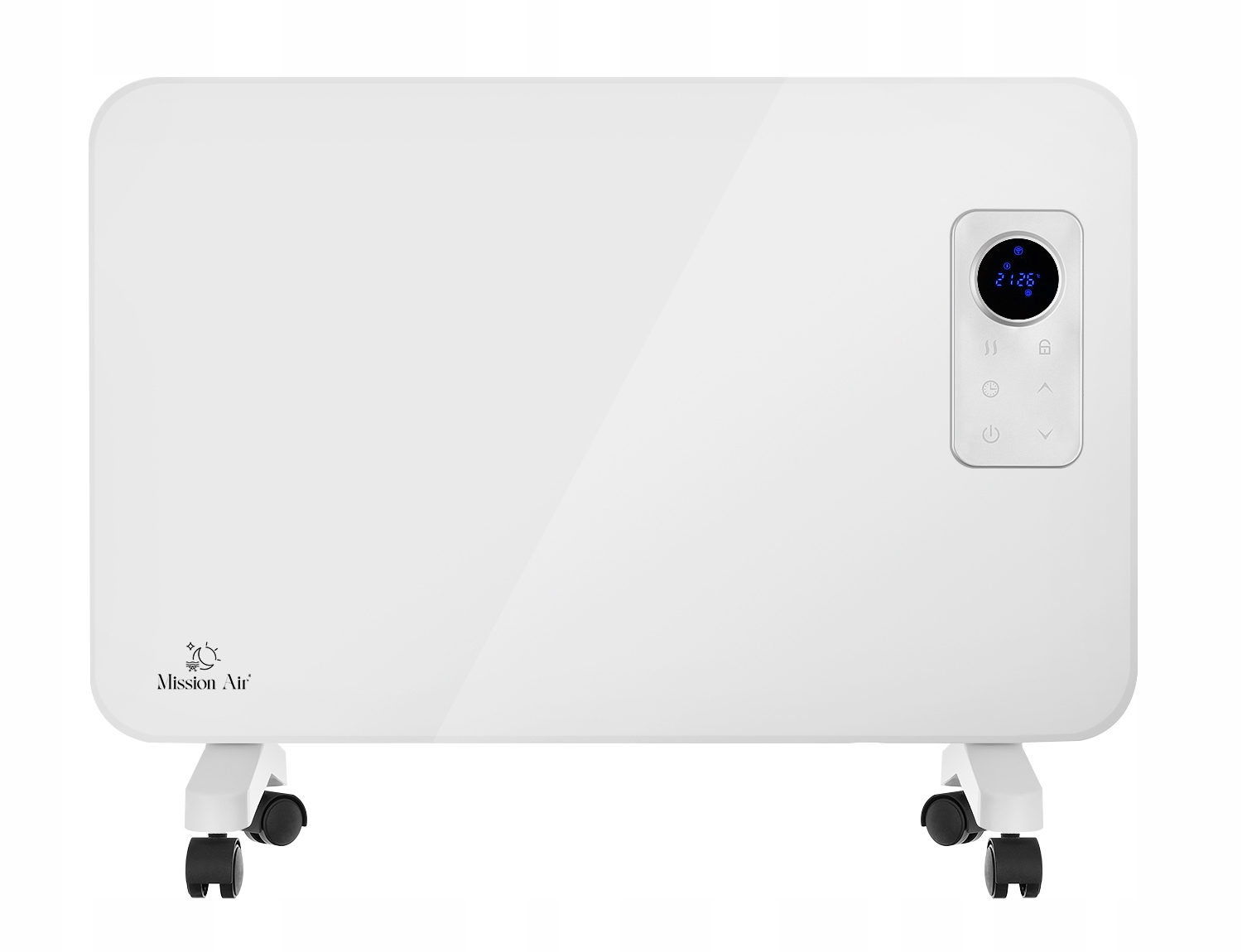 Biały grzejnik elektryczny na kółkach. Posiada wyświetlacz cyfrowy i panel sterowania. Marka to Mission Air.