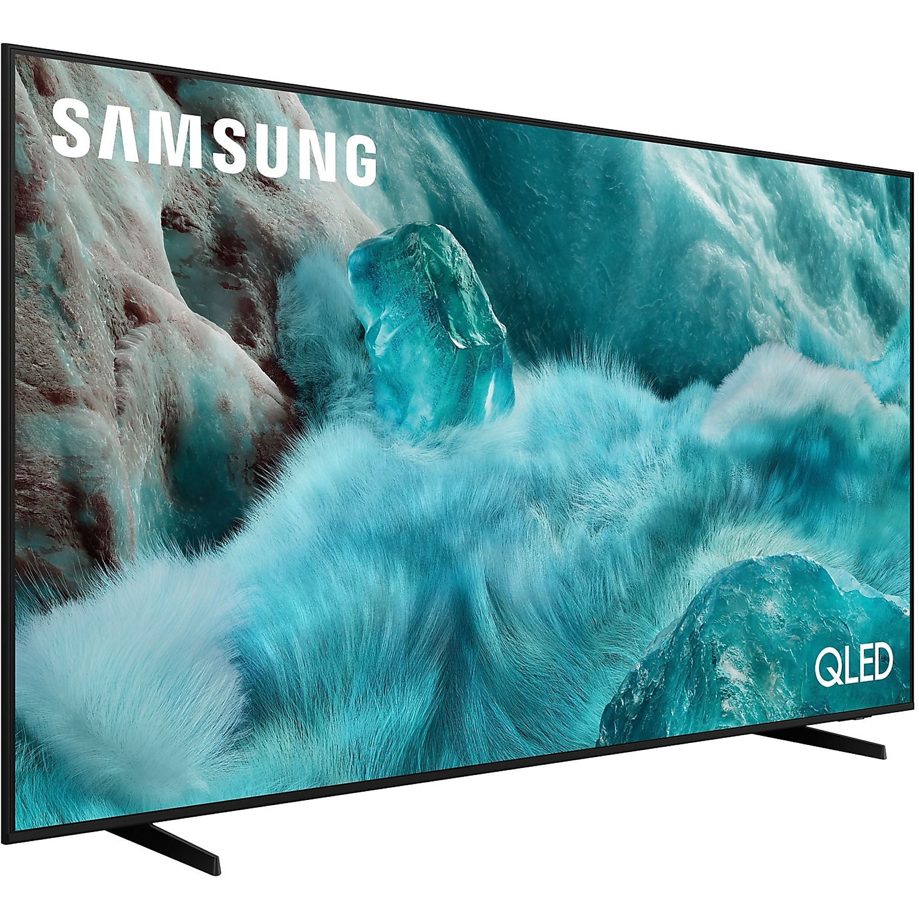 Téléviseur Samsung QLED. L'écran affiche un motif abstrait turquoise et blanc, ressemblant à des formations de glace. Support et cadre TV noirs.