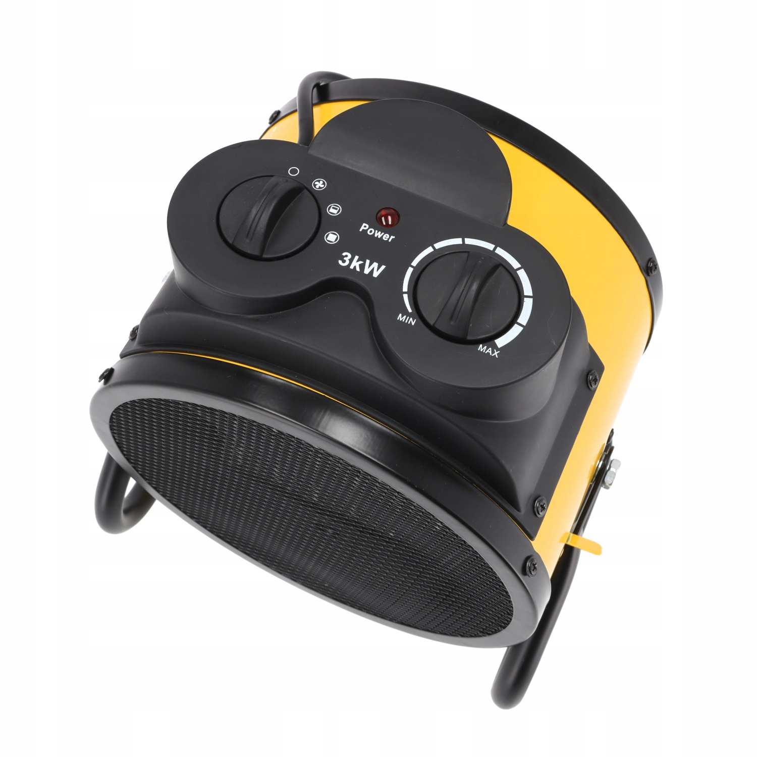 Żółto-czarny grzejnik elektryczny z pokrętłami i wskaźnikiem zasilania. Ma siatkowy przód i nóżki podporowe.