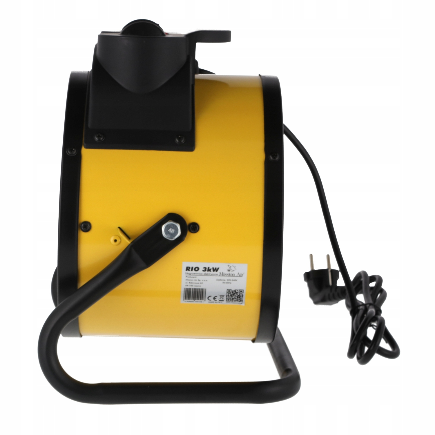 Żółto-czarny wentylator elektryczny na białym tle. Ma czarny uchwyt i przewód zasilający z wtyczką.