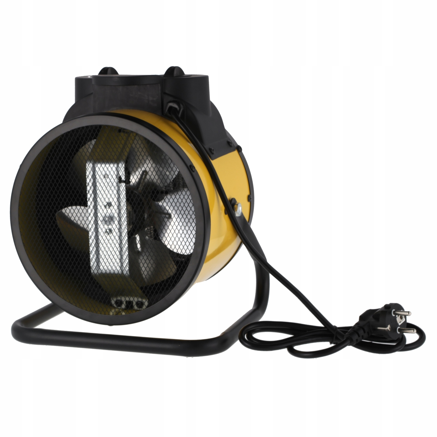 Żółto-czarny wentylator elektryczny z czarnym stojakiem i przewodem zasilającym. Wentylator ma siatkę ochronną i łopatki.