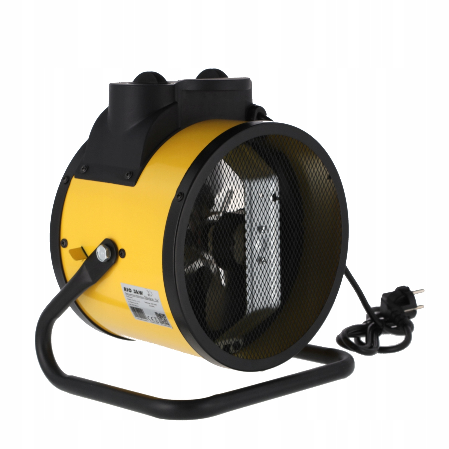 Żółto-czarny grzejnik przemysłowy. Ma siatkowy przód, czarny uchwyt i przewód zasilający z wtyczką. Tło jest białe.