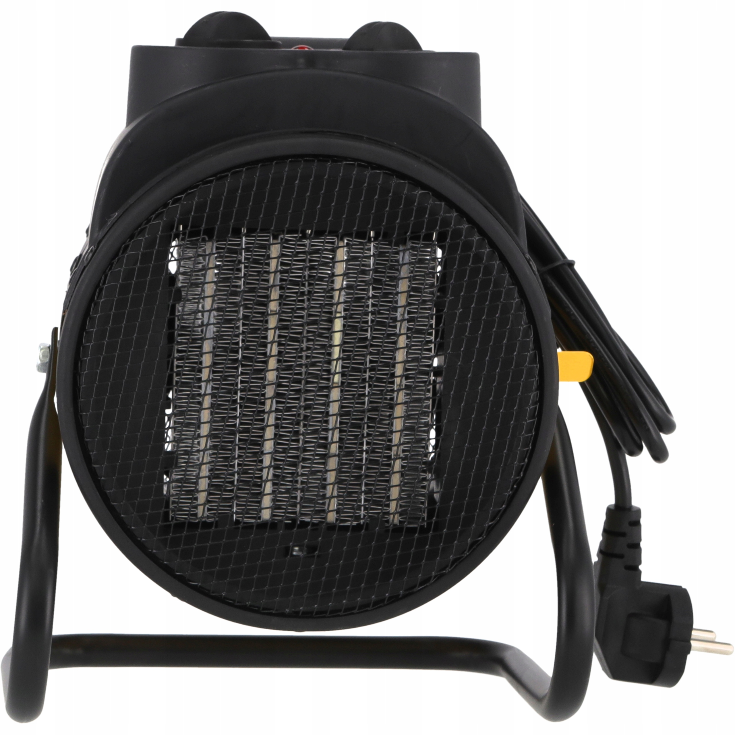 Czarny grzejnik elektryczny z siatkowym przodem. Posiada podstawę, przewód zasilający i wtyczkę.