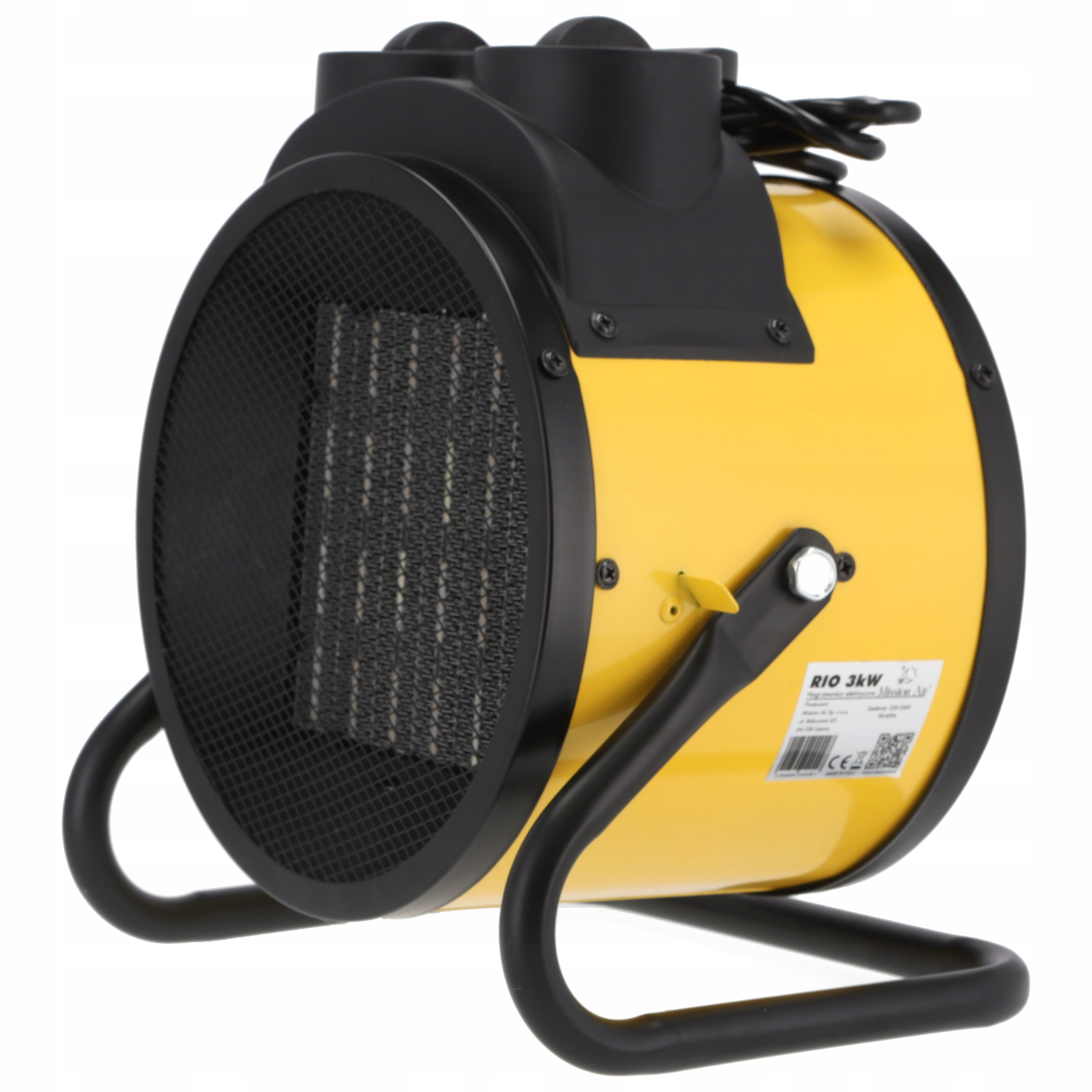 Żółto-czarny grzejnik elektryczny z siatkowym frontem. Ma czarny stojak i przewód zasilający.