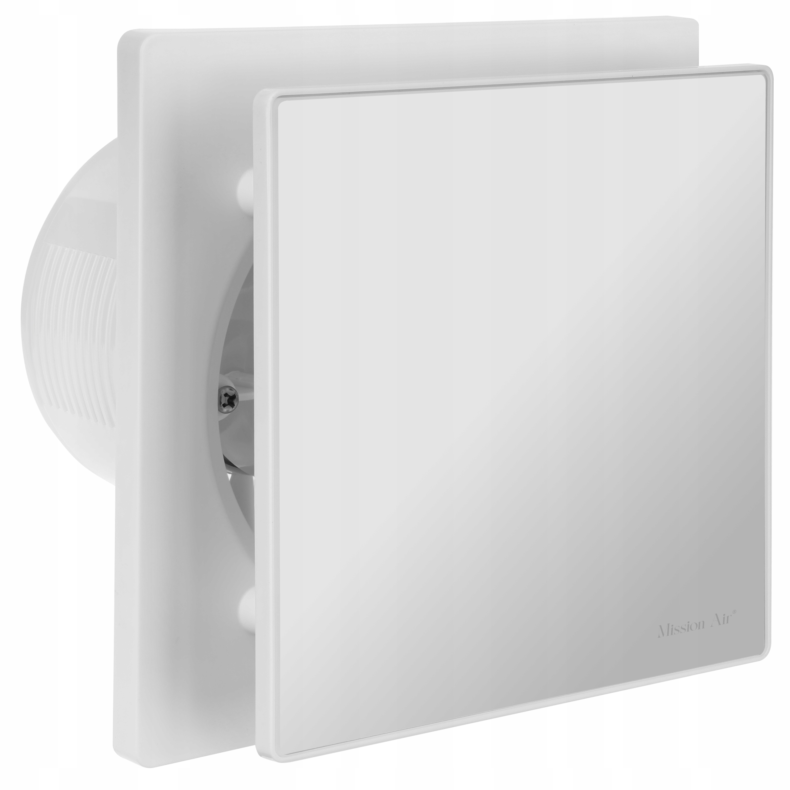 Biały wentylator Mission Air. Wentylator ma kwadratową osłonę i okrągły wlot.